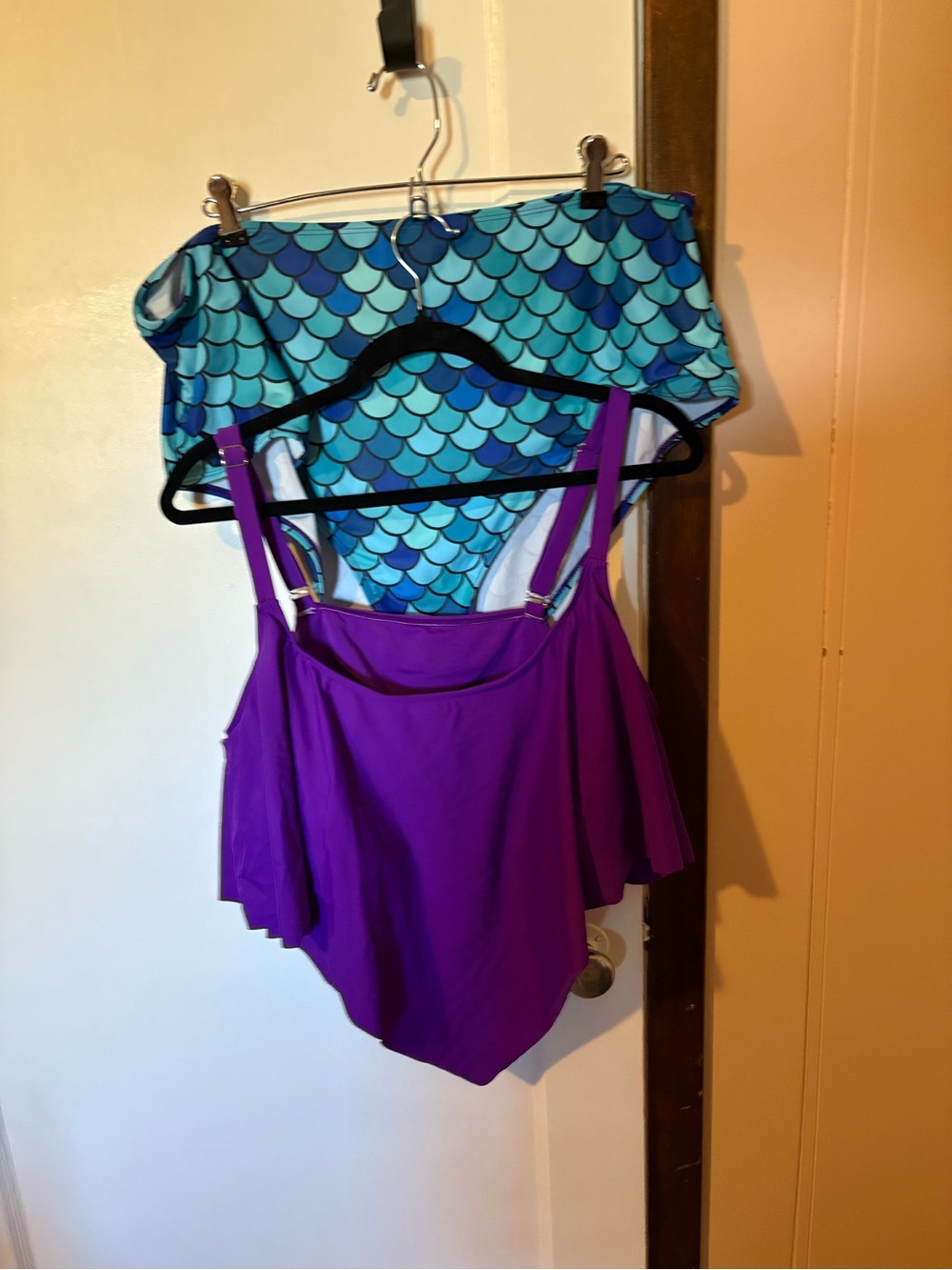 Purple Flounce One-Piece Swimsuit with Aqua Scale Bikini Bottom